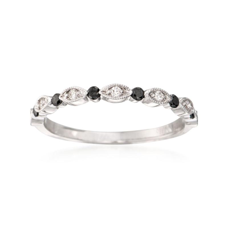 18kt white gold diamond wedding ring with alternating white and black stones