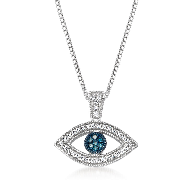 Sterling silver evil eye pendant necklace with blue center and white stones