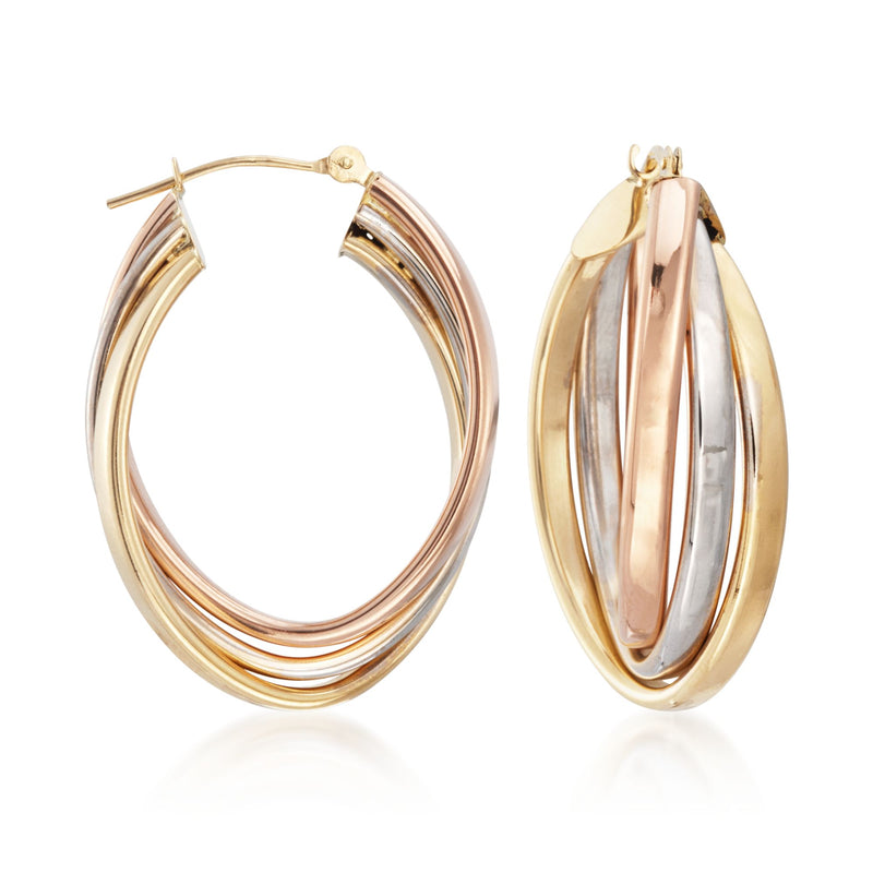 14kt tri-colored gold oval hoop earrings with ridged oval bars, rose and white highlights