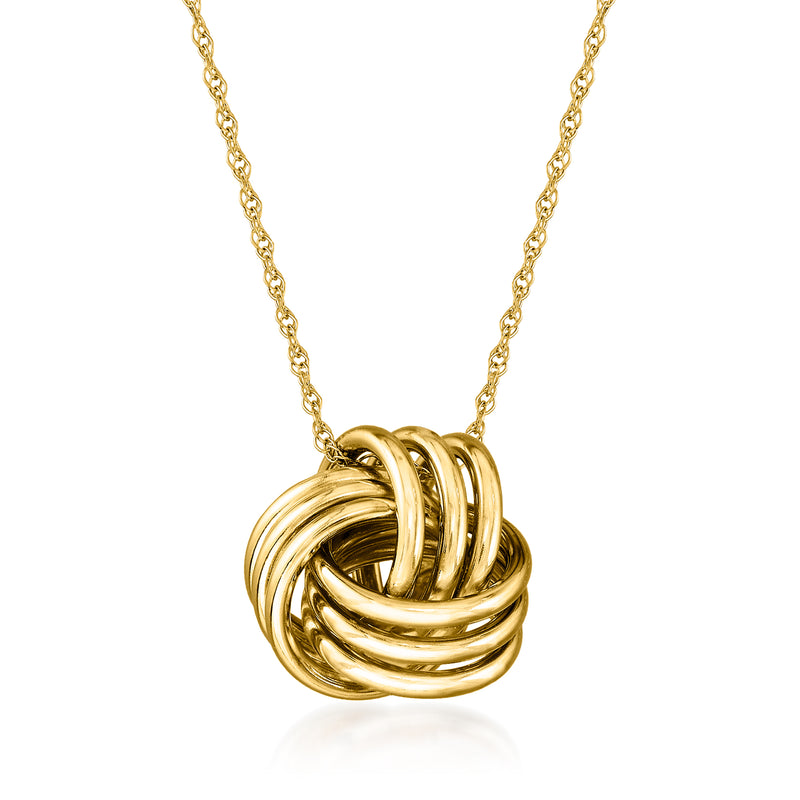 Yellow gold love-knot pendant necklace with twisted knot centerpiece