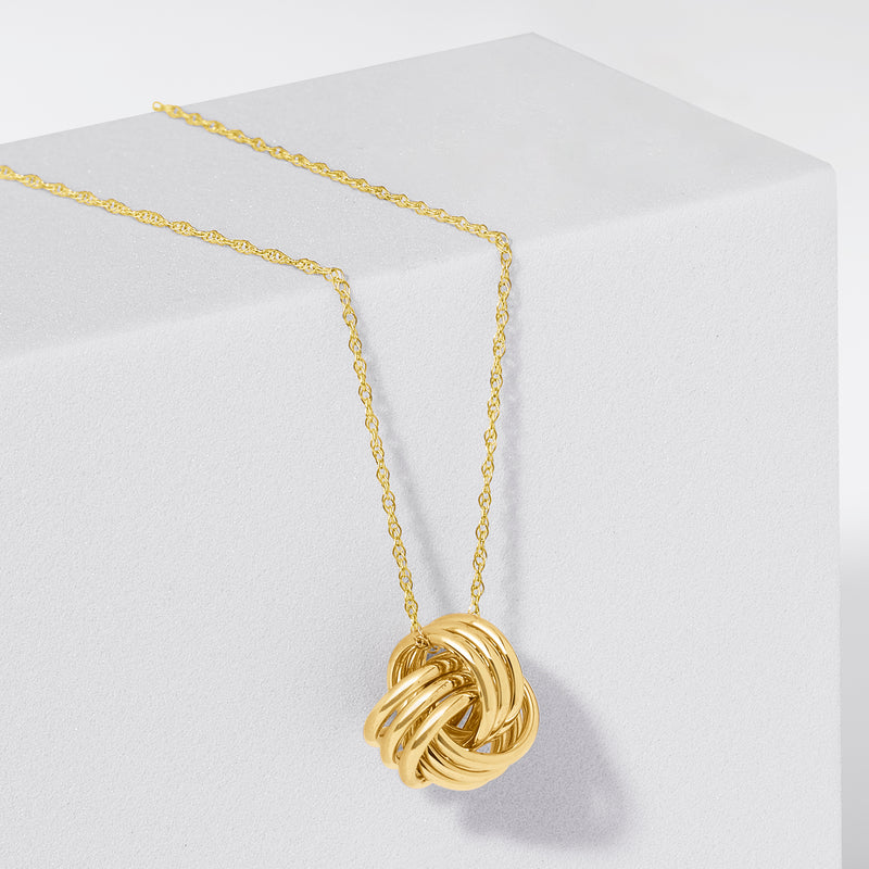 Yellow gold love-knot pendant necklace, twisted knot pendant on chain