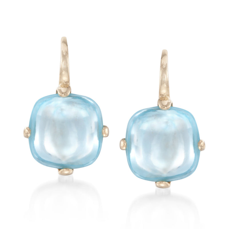 Light blue cabochon drop earrings in 14kt yellow gold with leverback closures