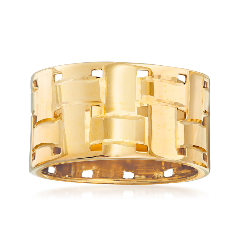 14kt yellow gold basketweave ring with polished geometric band