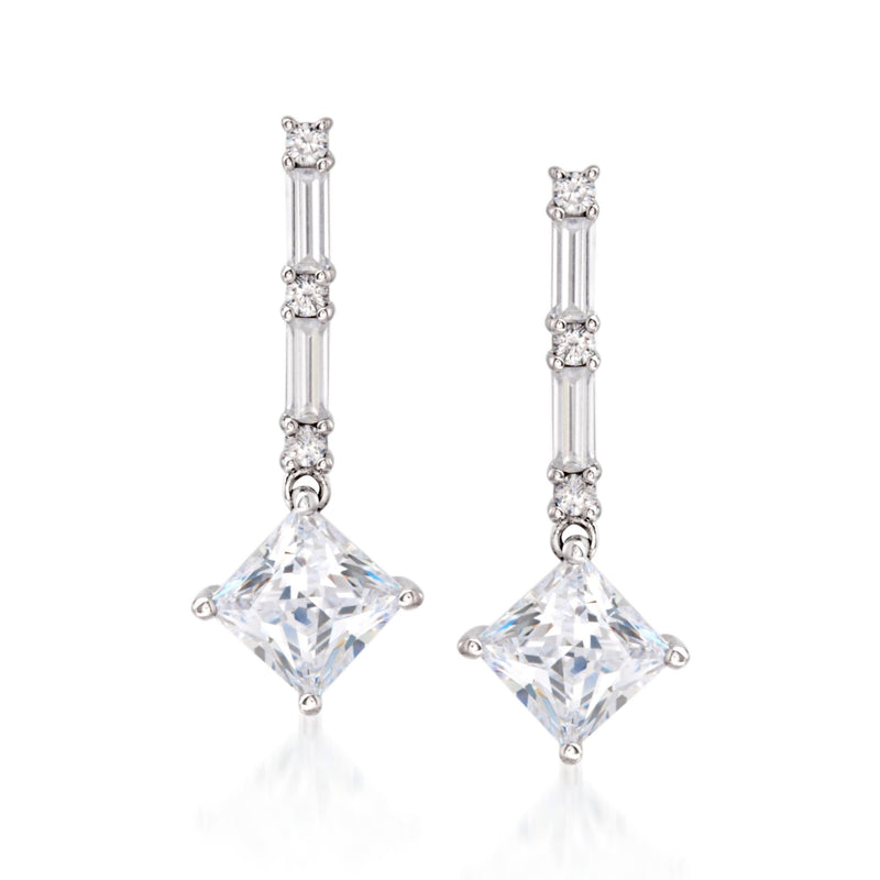 Sterling silver CZ drop earrings with vertical row and square-cut dangle