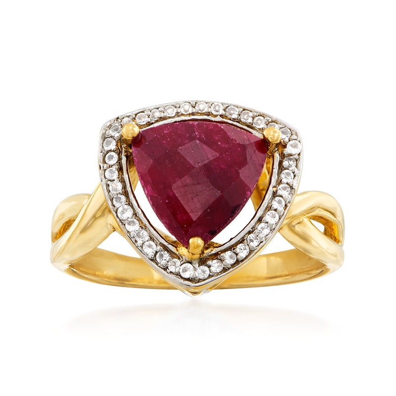 14kt gold over sterling ring with pear-shaped ruby center and white stone halo