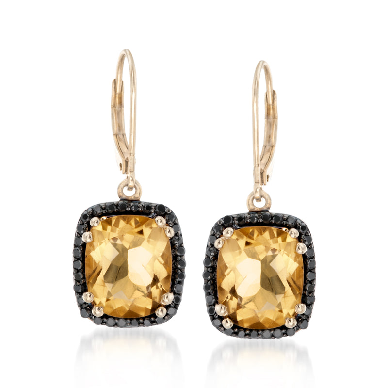 Citrine and black spinel cushion leverback earrings in gold over sterling