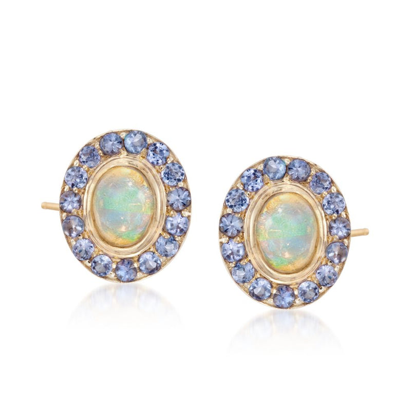 Opal center blue gemstone halo stud earrings with gold-tone posts