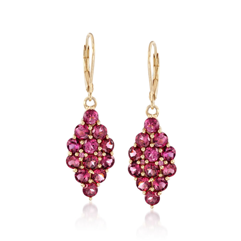 14kt gold over sterling leverback drop earrings with pink rhodolite garnet cluster