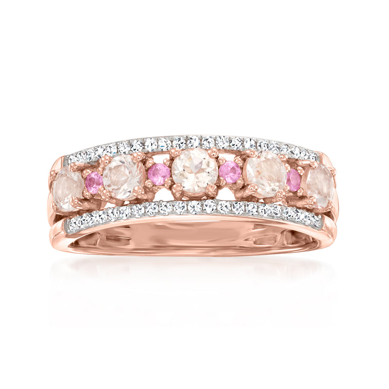 Rose gold ring with oval pink stones, diamond pave, and pink sapphire row