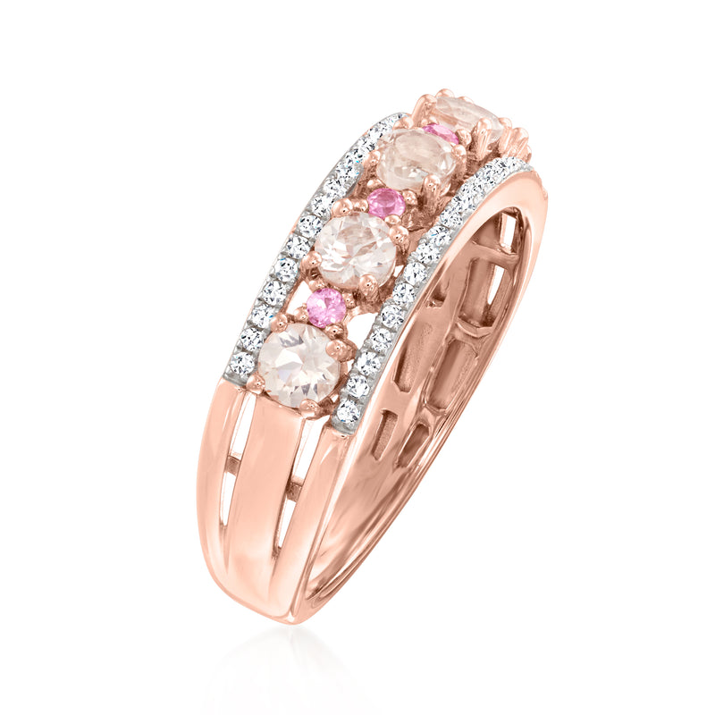 Rose gold curved ring featuring oval pink gemstones and sparkling diamond pave edge