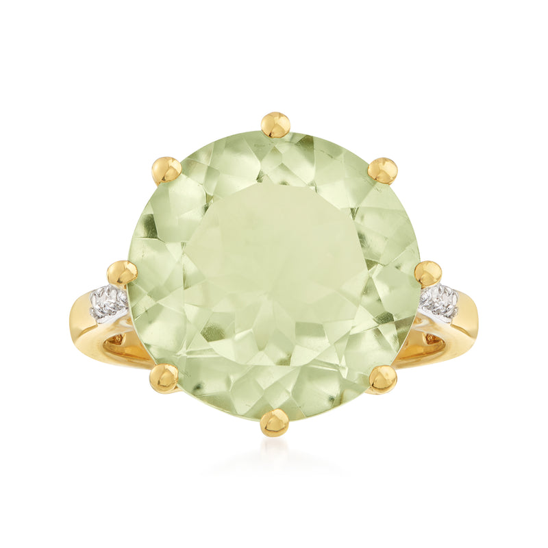 Prasiolite gemstone ring with cushion-cut green center, gold halo and white topaz accents