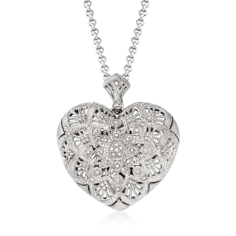 Sterling silver heart pendant necklace with diamond-like filigree and center stones