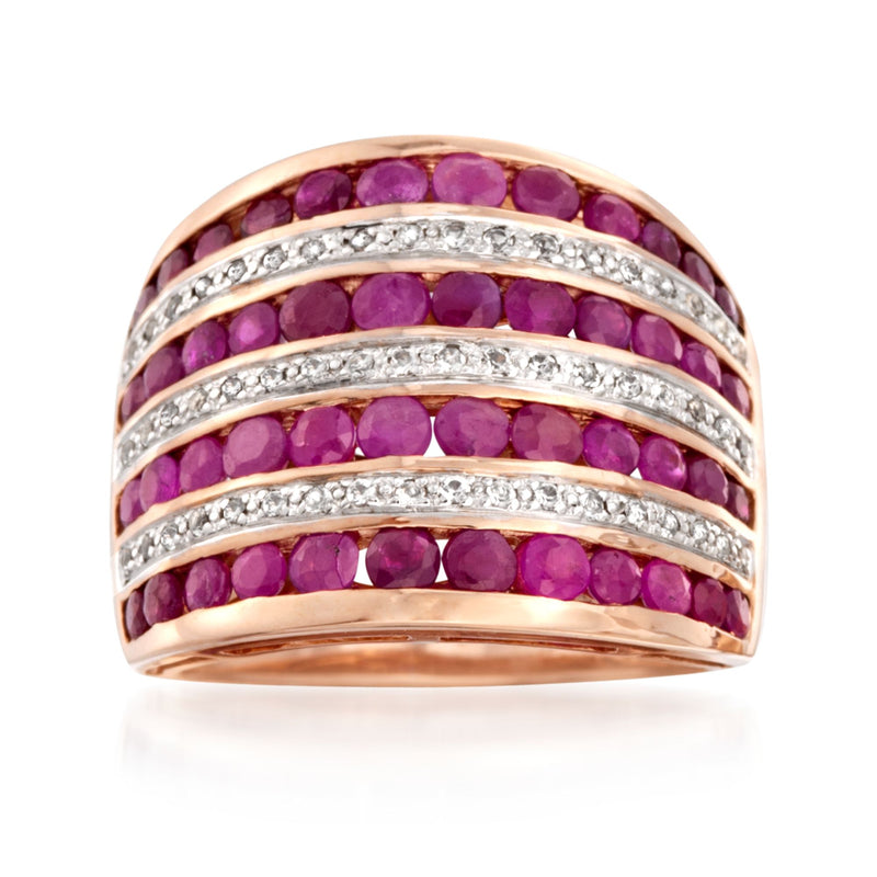Rose-gold multi-row ring with purple oval ruby stones and white accents, pave-style