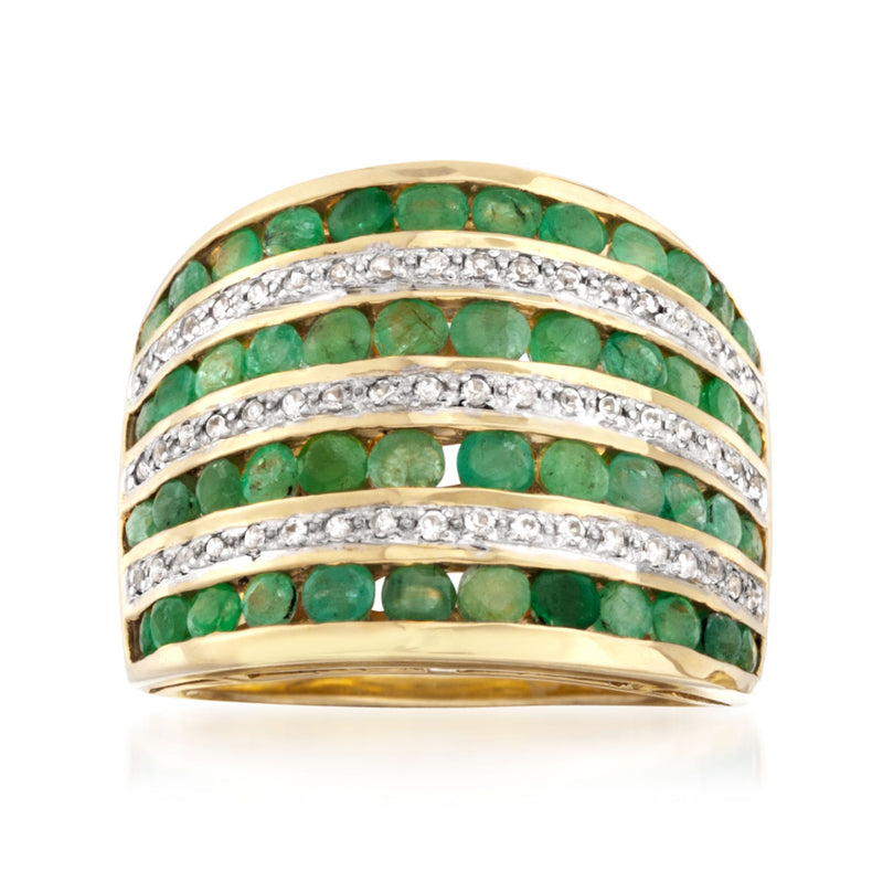 14kt gold multi-row ring with green emerald stones and white topaz accent rows
