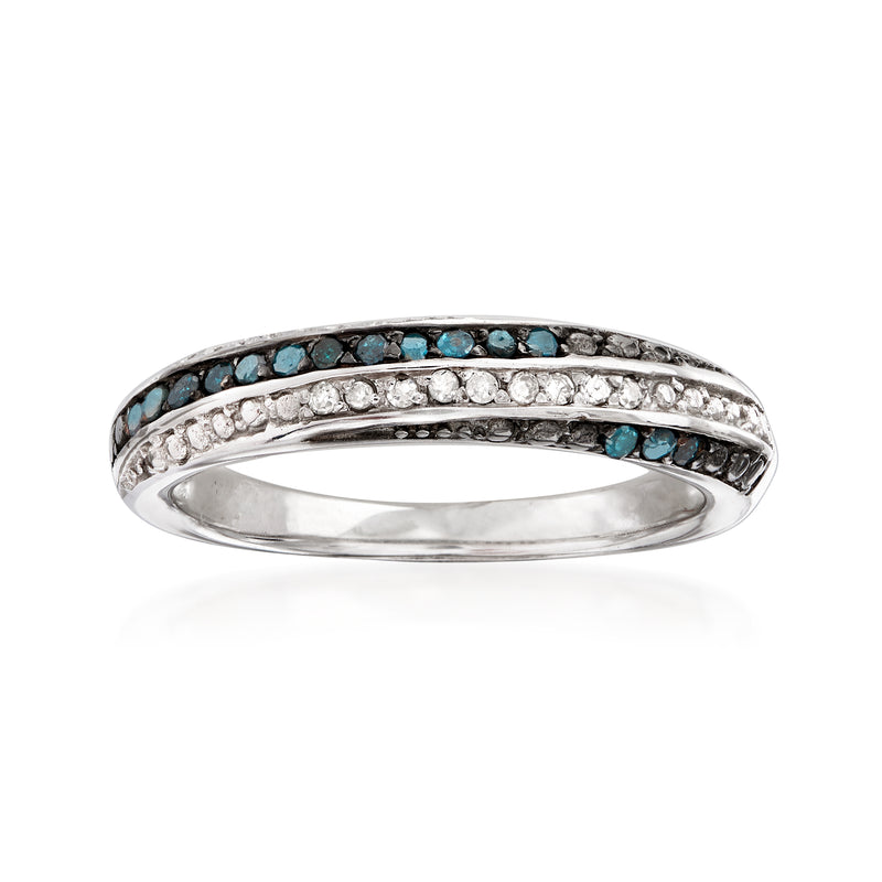 Sterling silver ring with blue and white diamond pavé rows