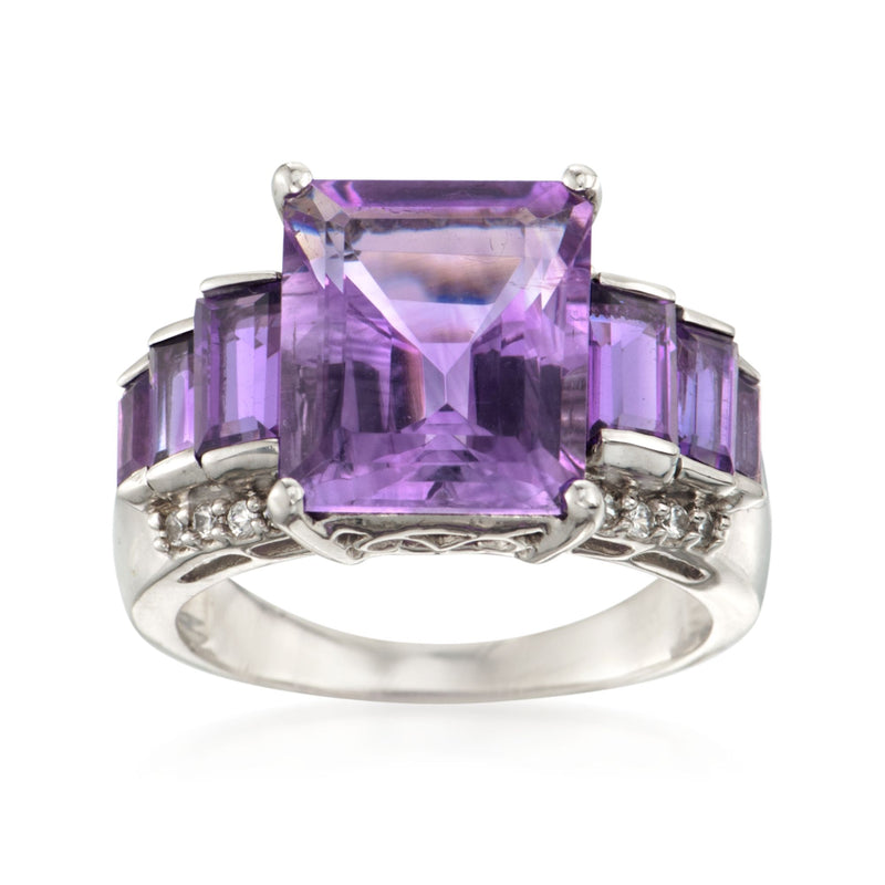 Sterling silver ring with large square-cut amethyst and small zircon side stones