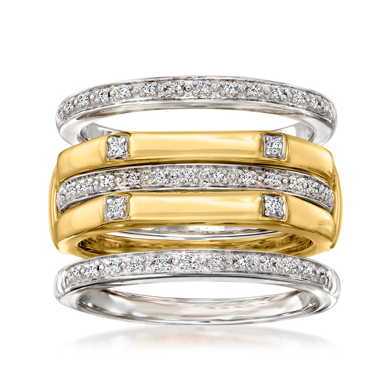 Four stackable diamond rings in sterling silver and 18kt gold over sterling