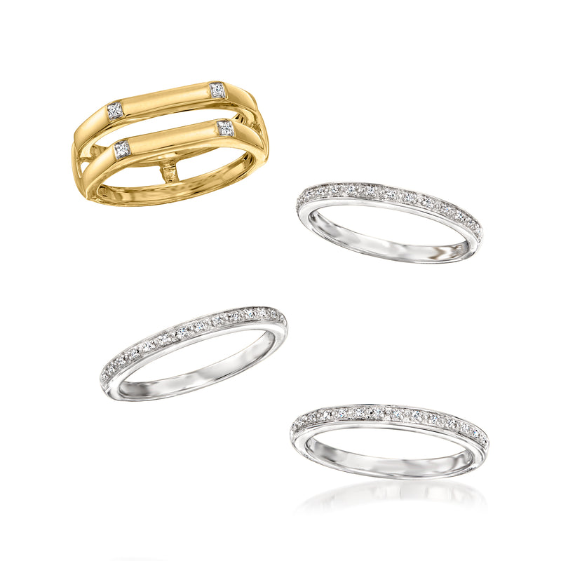 Four stackable diamond rings in sterling silver and 18kt gold over sterling