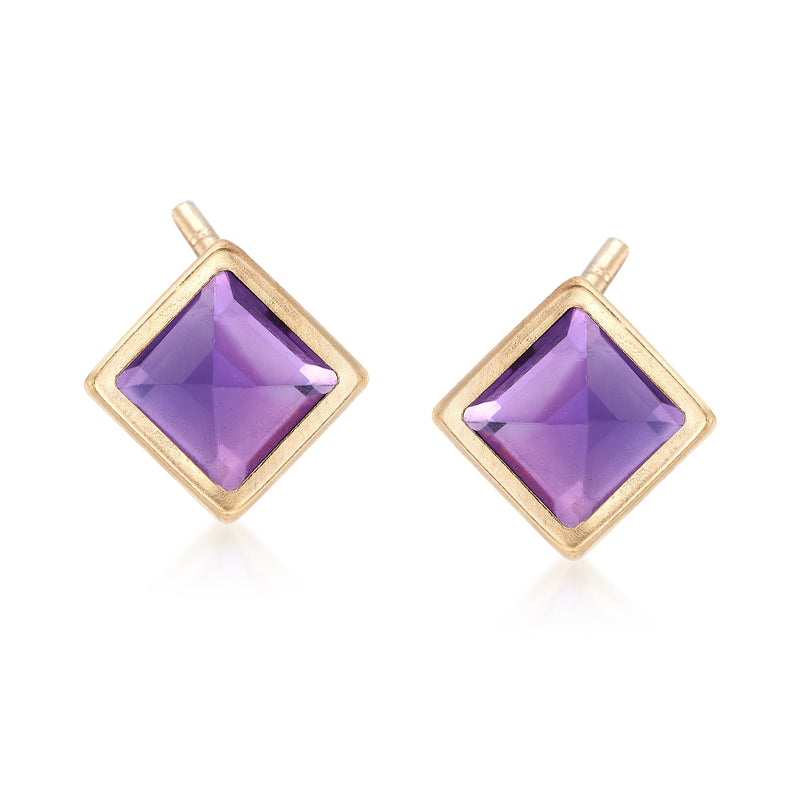 14kt yellow gold amethyst stud earrings with square purple gemstone bezel
