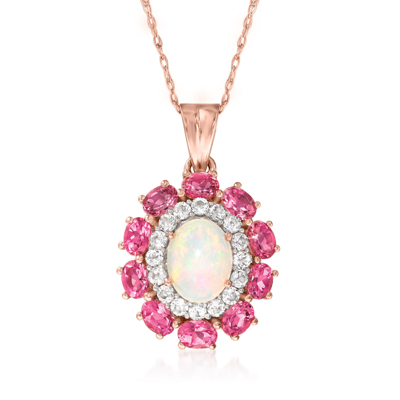 Rose gold pendant necklace with opal center, pink gemstones halo, and white accents