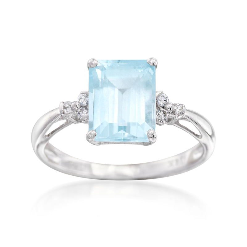 14kt white gold ring with square-cut aquamarine center and diamond accents