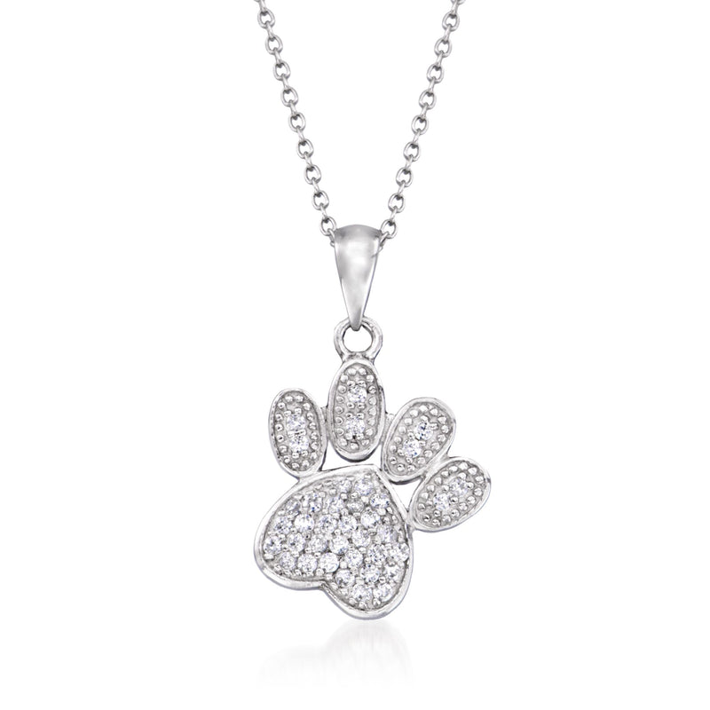Sterling silver pave CZ paw print pendant necklace with small paw detail and chain