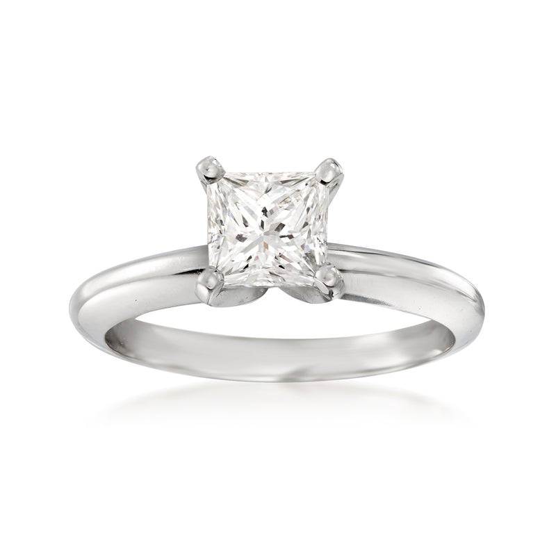 Platinum solitaire diamond ring with a four-prong square-cut center stone