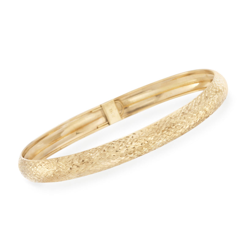 14kt yellow gold textured bangle bracelet with slim polished rim