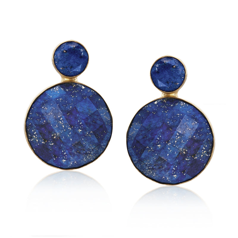 Gold-tone double drop earrings with blue lapis round and oval stones