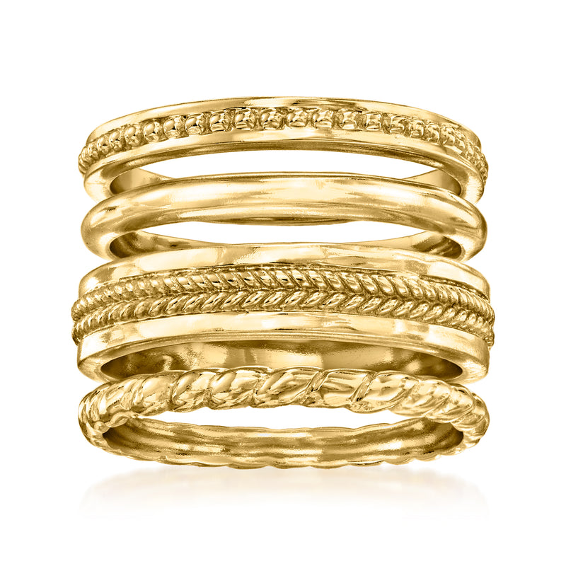 18kt gold over sterling stackable rings set of four, mixed textured bands, polished finish