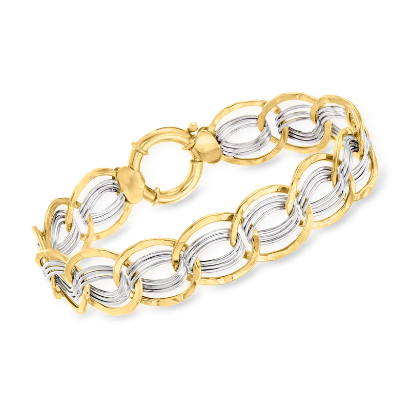 14kt two-tone gold interlocking oval link bracelet with polished gold and silver-tone links
