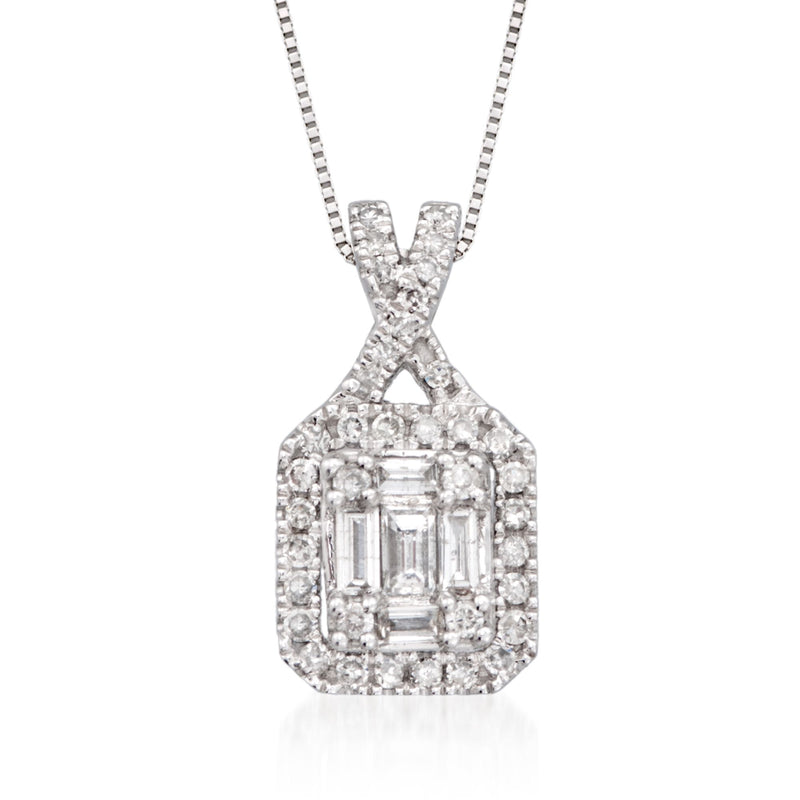 14kt white gold diamond pendant necklace with baguette-and-round stones, X top, framed shield design