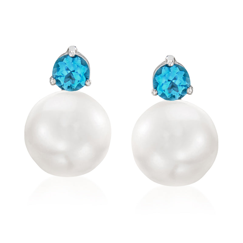 Sterling silver earrings with round white cultured pearls and blue topaz accents