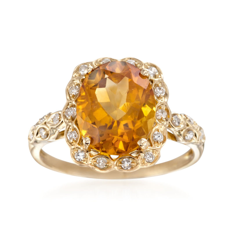14kt yellow gold citrine halo diamond ring with oval cushion gemstone