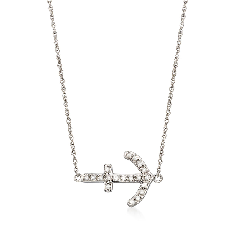 Sterling silver sideways anchor necklace with diamond accents
