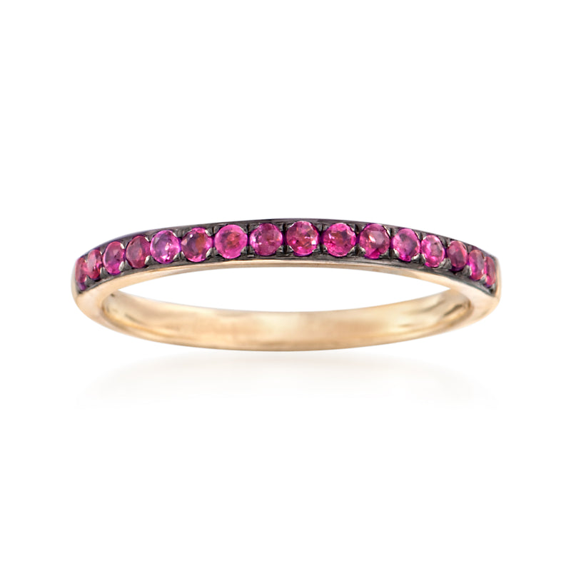14kt yellow gold ruby ring with pink round stones, slim profile