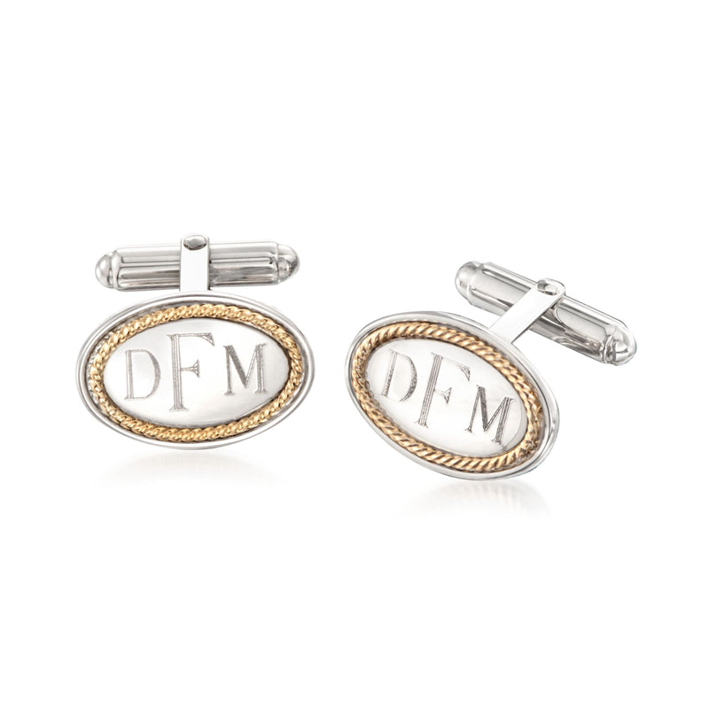 Oval monogram cuff links with yellow gold rope border, sterling silver, DFM initials