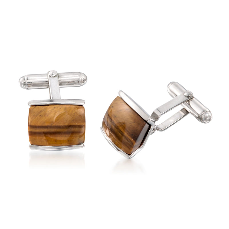Sterling silver rectangular cuff links with amber tiger's eye stone panels