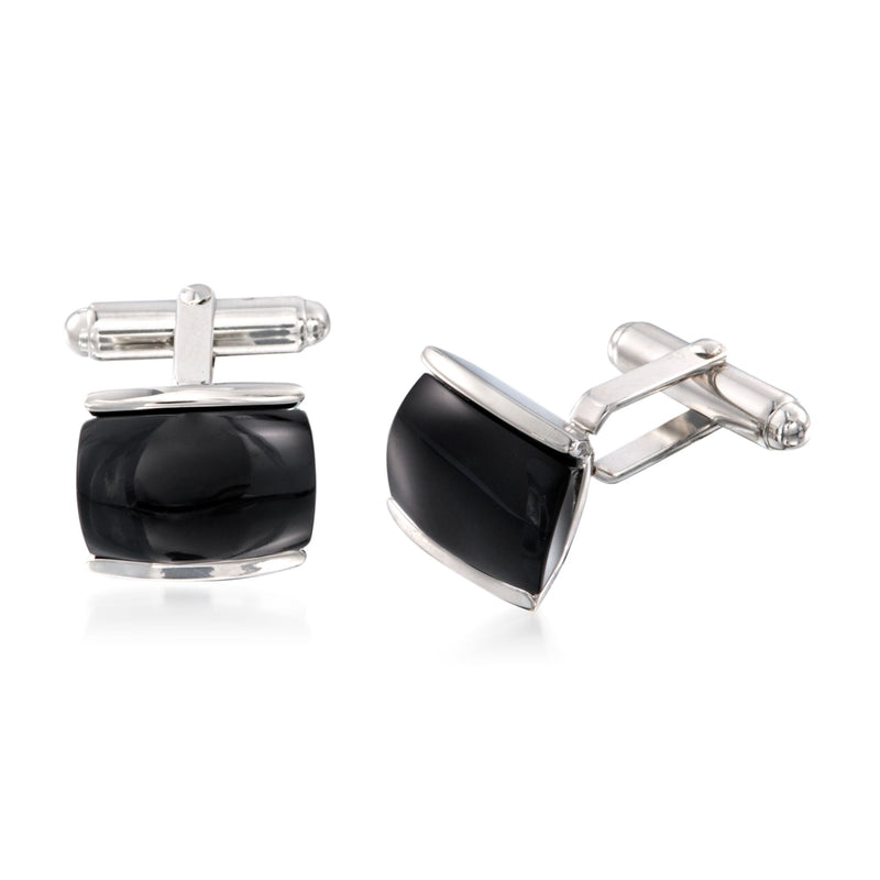 Rectangular black onyx cuff links in sterling silver with hinged bar backs.