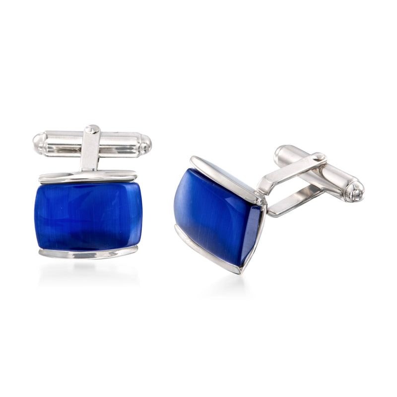 Sterling silver rectangular blue glass cuff links with hinge backs