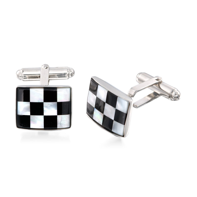 Rectangular black-and-white checkerboard mother-of-pearl cuff links in sterling silver