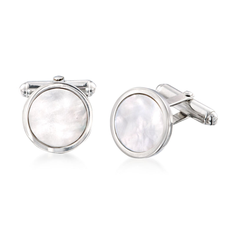Round sterling silver cuff links with mother-of-pearl inlays, polished metal backings