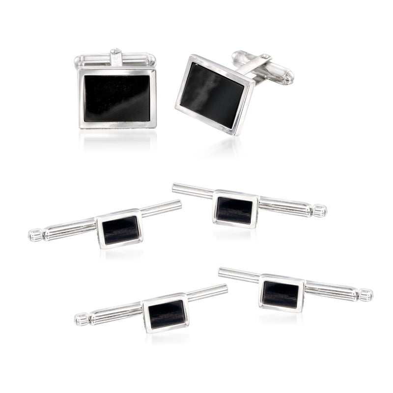 Sterling silver jewelry set with square black onyx cuff links and shirt studs
