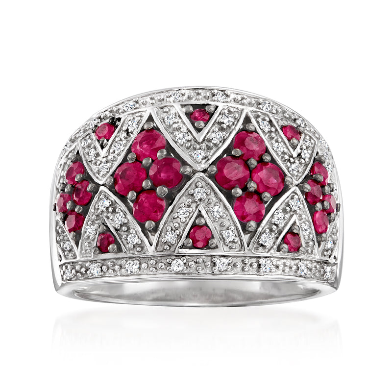 Sterling silver dome ring with red ruby-style stones and clear diamond accents