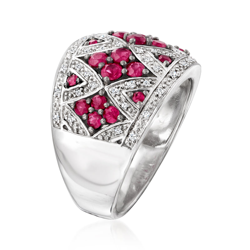 Sterling silver ring side view: domed top with red ruby-style clusters and diamond accents