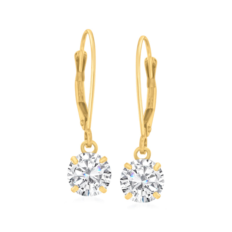 14kt yellow gold CZ drop earrings with round clear stones, leverback design