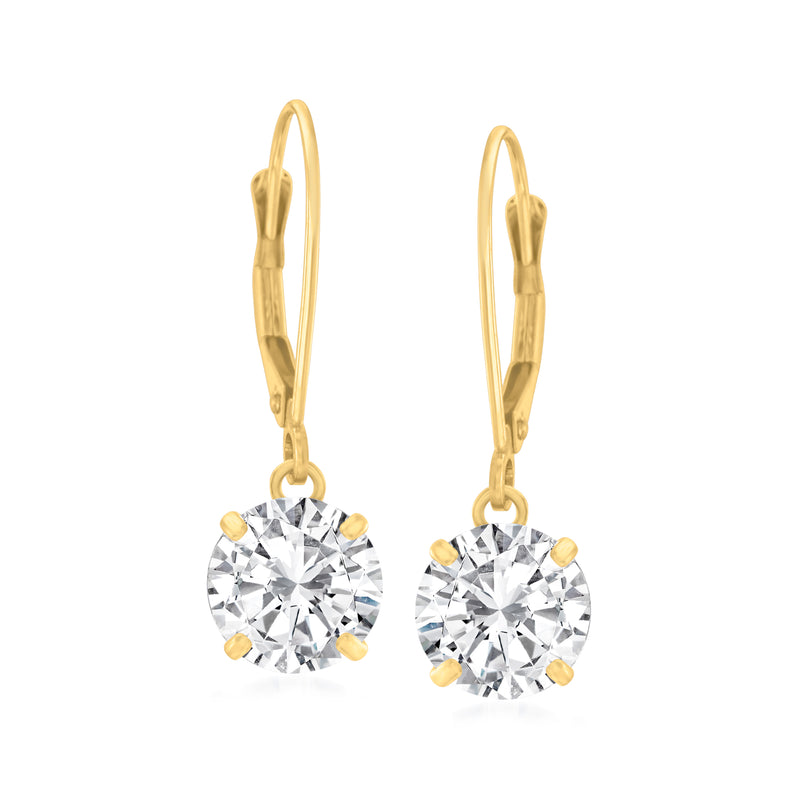 14kt yellow gold CZ drop earrings, round stones on leverback closures