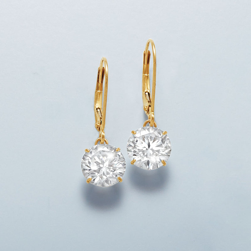 Round CZ drop earrings in 14kt yellow gold with leverback hooks and dangling stones