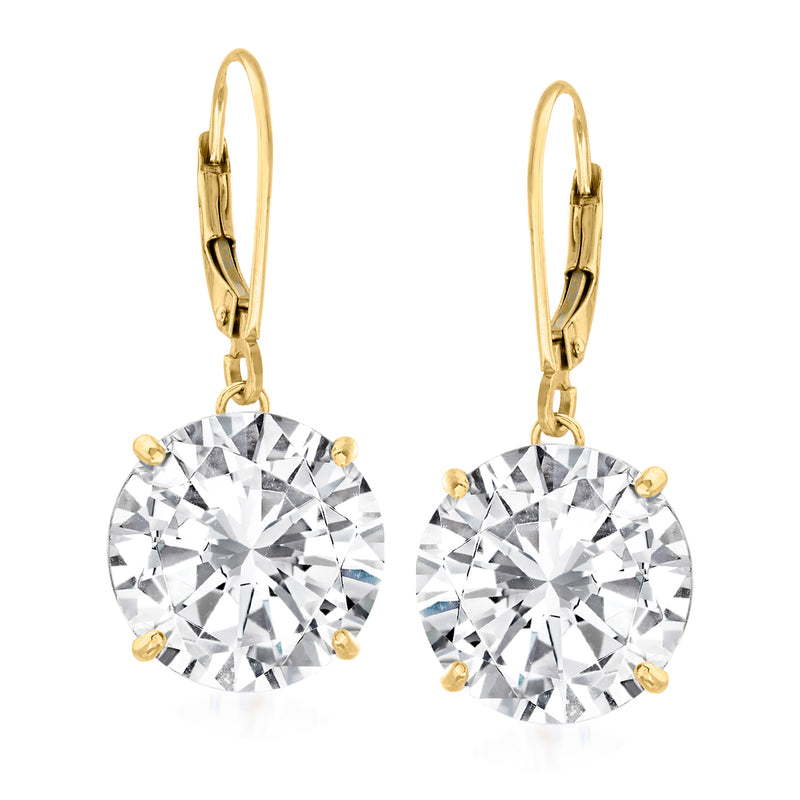 14kt yellow gold leverback CZ drop earrings with round clear stones