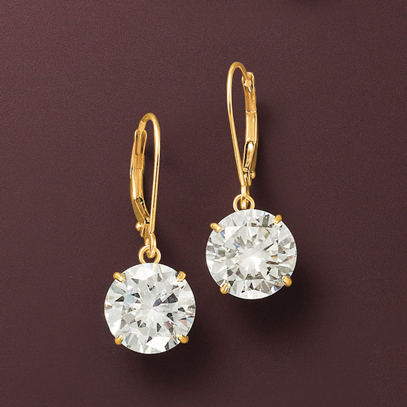14kt yellow gold leverback CZ drop earrings, two round clear stones dangling